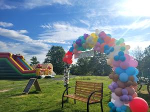a playground with a bunch of balloons and a park bench at Carul cu Stele-Glamping in Romîneşti