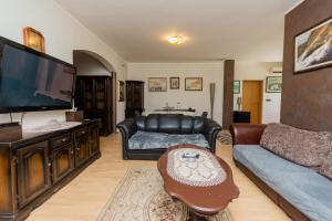 a living room with a couch and a flat screen tv at Hotel Fobra in Podgorica