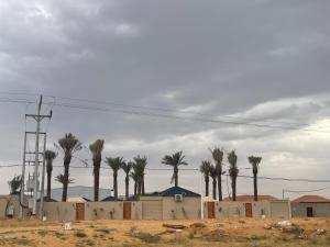 un groupe de palmiers et de bâtiments dans un champ dans l'établissement منتجع شمس, à Ilbaras