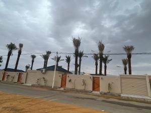 a row of palm trees in front of a fence at منتجع شمس in Ilbaras