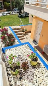 un jardin avec trois plantes en pot sur un chemin en pierre dans l'établissement Gorgona Di Thassos, à Limenaria