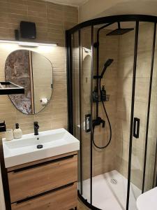 a bathroom with a shower and a sink at Heritage Stone House Retreat -Free parking in Stari Grad