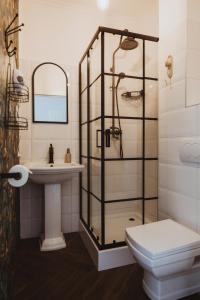 a bathroom with a shower and a sink and a toilet at Apartamenty - Dom Hrabiny in Sieradz +21 photos