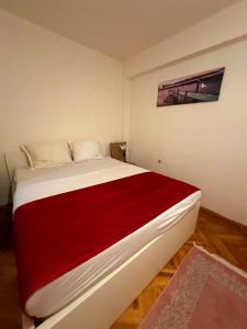 ein Schlafzimmer mit einem großen Bett mit einer roten Decke in der Unterkunft Aleks 4 in Skopje