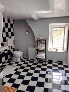 a bathroom with a toilet and a checkered floor at Keresbino Hydra Art Suite in Hydra