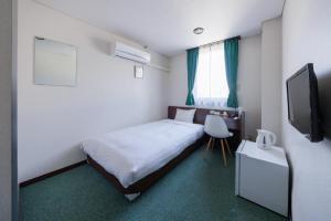 ホテルノマド日立 في هيتاشي: غرفة نوم صغيرة بها سرير وتلفزيون