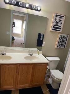W łazience znajduje się umywalka, toaleta i lustro. w obiekcie 3 bedroom 2 bathroom House w mieście Columbia