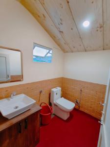 a bathroom with a sink and a toilet and a mirror at The Grand Lodge Pangong in Lukung