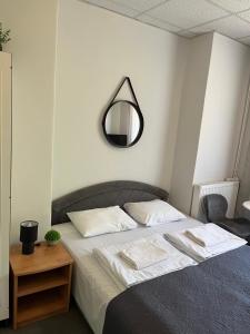 1 dormitorio con 1 cama con espejo en la pared en Amphora Kompleks Wypoczynkowy, en Krynica-Zdrój