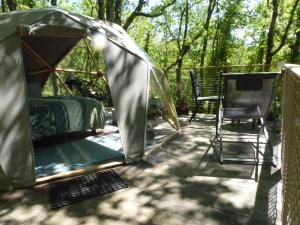 uma tenda verde num pátio com uma cadeira em Dôme géodésique au cœur de la forêt em Montignac