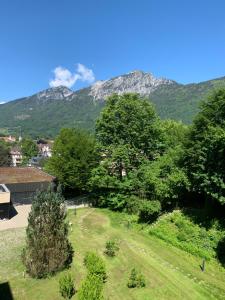 Panoramahaus App 4086 في باد رايشنهال: ميدان فيه اشجار وجبل في الخلف