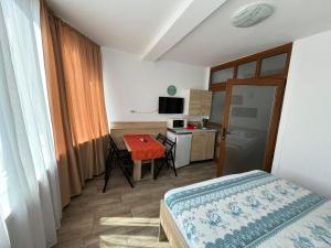 a bedroom with a bed and a table with a microwave at Camere de inchiriat David in Eforie Nord
