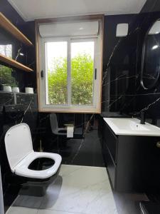 a bathroom with a toilet and a sink and a window at Ben's Cabine in Bodegraven
