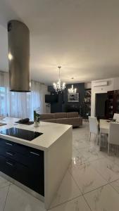 una cucina e un soggiorno con piano di lavoro di Luxury home stanza in appartamento condiviso a Cremona