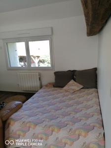 una camera da letto con un letto con un piumone e due finestre di Chez Marylene a Soisy-sur-École
