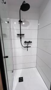 ducha con puerta de cristal y cabezal de ducha en Apartament Poleska en Częstochowa