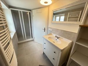a bathroom with a sink and a mirror at I Apartment 8 Personen - Monteurwohnung - Ferienwohnung - Frontenhausen in Frontenhausen +6 photos