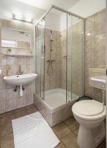 La salle de bains est pourvue d'une douche, de toilettes et d'un lavabo. dans l'établissement Hagyma Panzió, à Makó