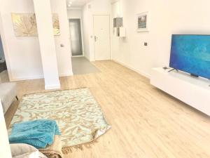 uma sala de estar com uma televisão de ecrã plano e um tapete em Chic Apartments Barcelona- Free Parking-10 min by metro from BCN Center em Barcelona