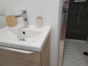 a bathroom with a white sink and a shower at appartement pont du Gard, Remoulins in Remoulins