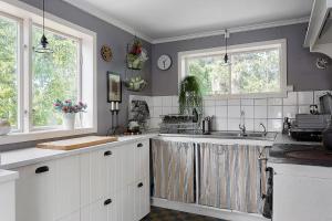 uma cozinha com um lavatório e duas janelas em Your Own Island Near Stockholm em Söderala
