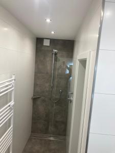 a bathroom with a shower with a glass door at Ferienwohnung Heetberg in Beesten