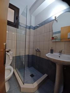 La salle de bains est pourvue d'une douche, de toilettes et d'un lavabo. dans l'établissement Guesthouse Mythos, à Órma