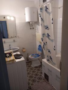 a bathroom with a toilet and a shower curtain at Rocco-boy Apartment Hvar in Hvar