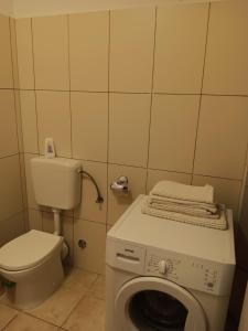 une petite salle de bains avec un lave-linge et des toilettes. dans l'établissement Guest House Lucijo, à Vrboska