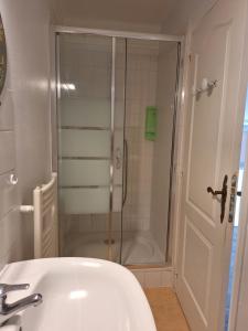 a bathroom with a shower and a white sink at le Ferry in Trouville-sur-Mer