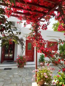 a red door on a white building with red flowers at Kipos in Apollonia