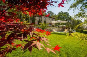 a yard with red leaves and a house in the background at Casa de Padreiro by Gerês Casas in Caniçada