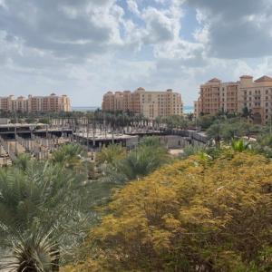 Blick auf eine Stadt mit hohen Gebäuden und Palmen in der Unterkunft مارينا KAEC in King Abdullah Economic City