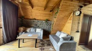 ein Wohnzimmer mit einem Sofa und einem Tisch in der Unterkunft AURA Cottages in Kazbegi