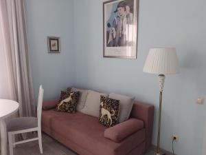 sala de estar con sofá marrón con almohadas en House, garden & sauna. Free parking. Train stop-200 m. Sea-1 km., en Jūrmala