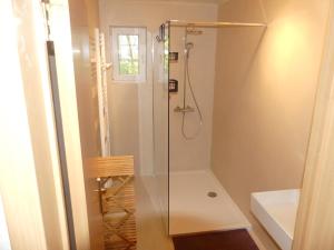 une salle de bain avec une douche avec une porte vitrée dans l'établissement Coeur de Loup, à Sourbrodt