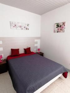 ヴェザックにあるGîtes Les Courrègesのベッドルーム1室(ベッド1台付)が備わります。壁に2枚の写真が飾られています。