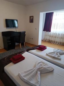 two beds in a living room with a piano at Family Pension in Arad
