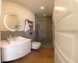 La salle de bains est pourvue d'un lavabo, de toilettes et d'un miroir. dans l'établissement Žalio kalno apartamentai, à Kaunas