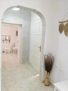 a hallway with a white door and a vase of flowers at Hilltop Serenity Villa in Imerovigli