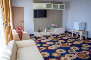 sala de estar con sofá y alfombra en Bella Marina, en Carasuhatul-de-Sus