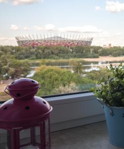 ワルシャワにあるWSTApartments River Viewのスタジアムの景色を望む窓に座るピンクのスツール