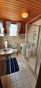 uma casa de banho com um chuveiro, um WC e um lavatório. em Haus Minor em Borkum