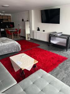 a living room with a red rug and a tv at Elatovillage in Elatochori