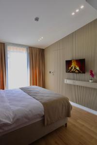a bedroom with a bed and a tv on the wall at The Aramis Galata Hotel in Istanbul