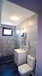 ein Bad mit einem WC, einem Waschbecken und einer Dusche in der Unterkunft Mamaia-Nord Boutique Apartments in Mamaia Nord – Năvodari