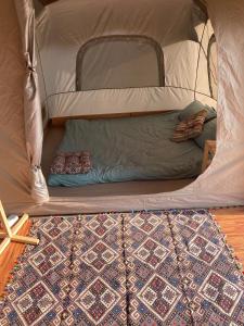 uma cama dentro de uma tenda sobre um tapete em Best View Đồng Văn em Ha Giang