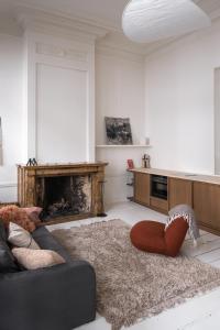 LuxuryApartmentSoulforCity في خنت: غرفة معيشة مع أريكة ومدفأة