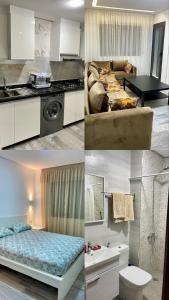 eine Collage mit Fotos von einer Küche und einem Wohnzimmer in der Unterkunft Résidence SARY'S-اقامة ساريس in Mʼdik