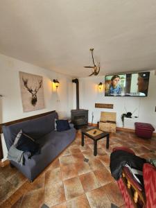 a living room with a couch and a fireplace at Holiday House Nika in Vrbovsko